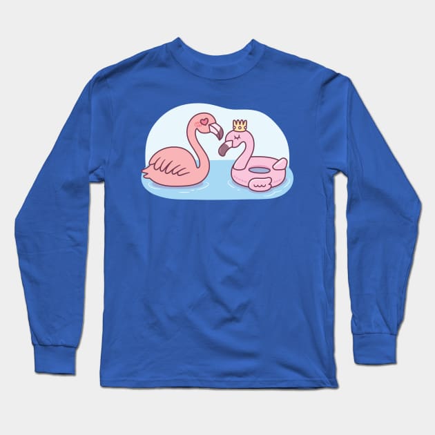 Funny Flamingo Loves Pink Flamingo Pool Float Long Sleeve T-Shirt by rustydoodle